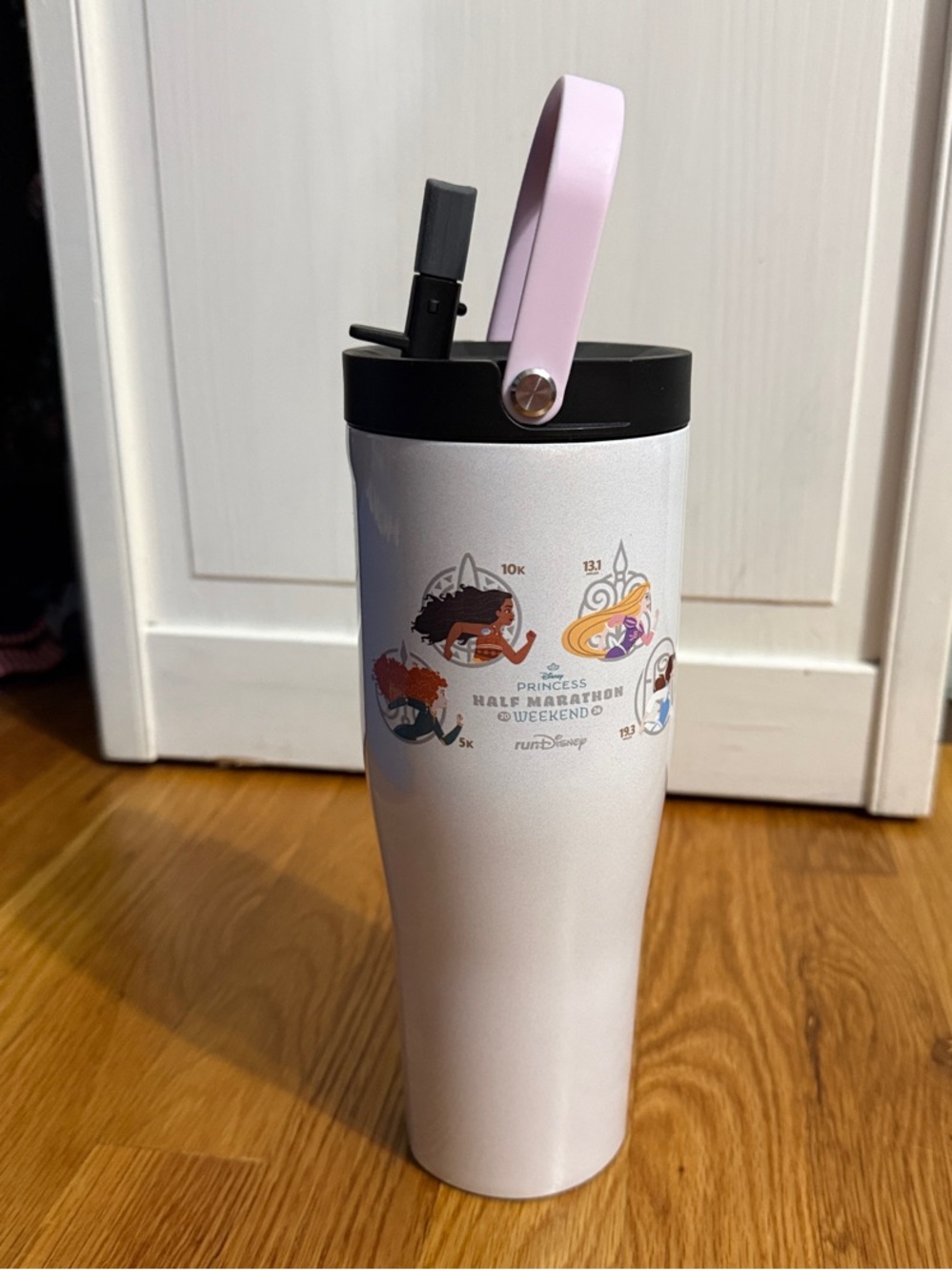 Corkcicle White Stainless Travel Tumbler with Light Pink Handle and Black Lid